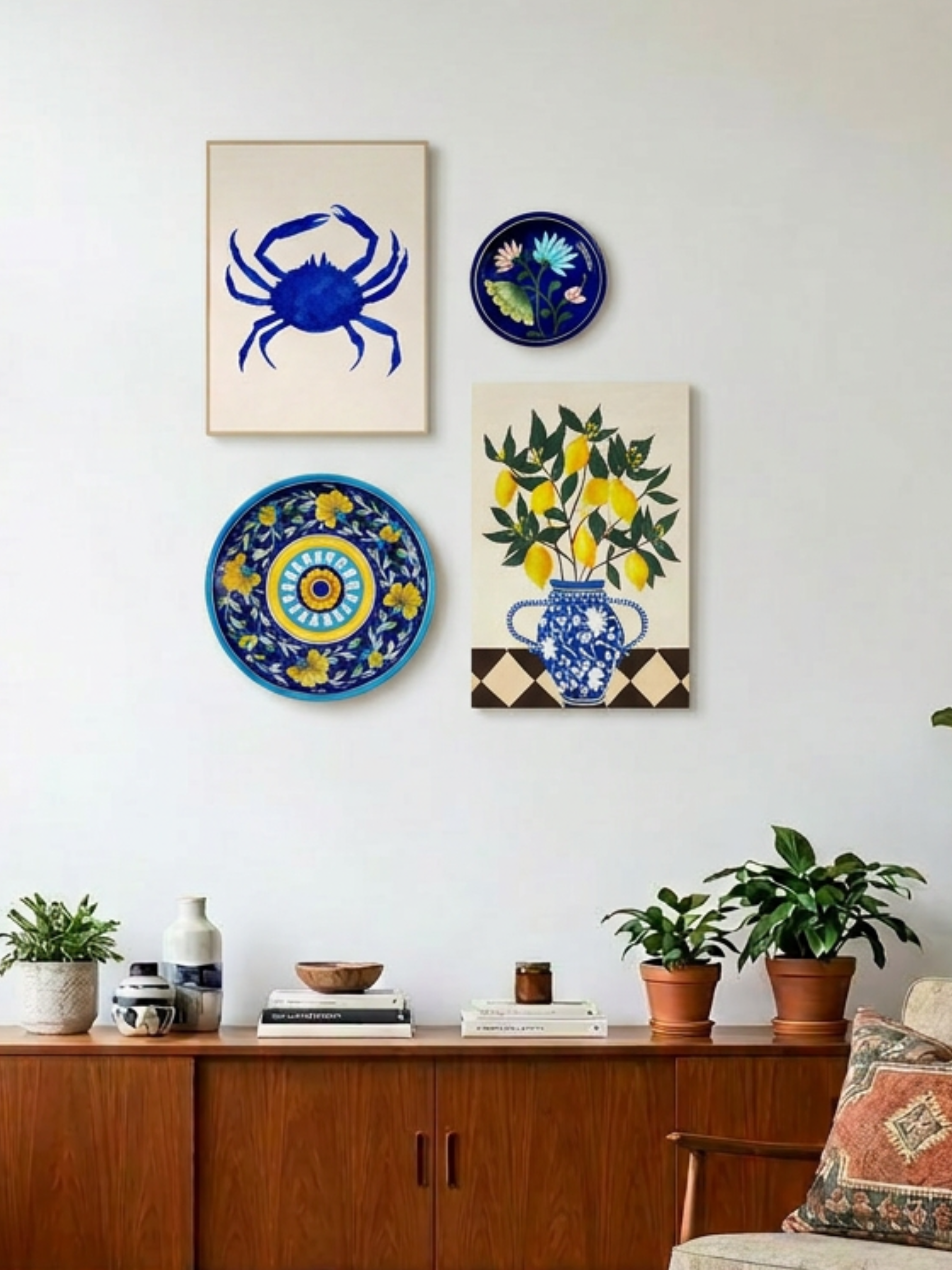 Blue Pottery Decorative Wall Plate - Yellow and Blue