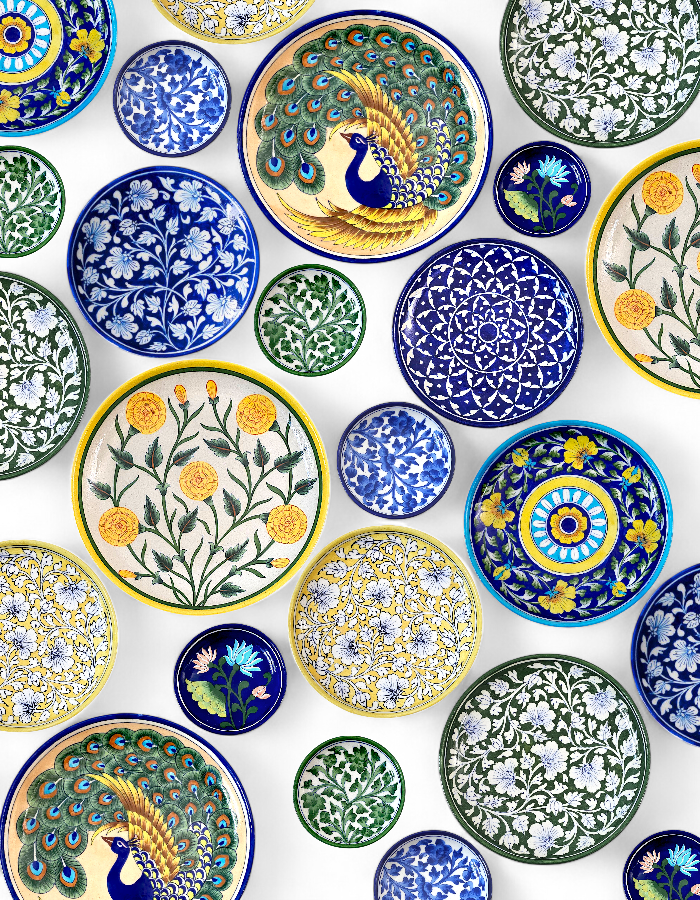 Floral Marigold Blue Pottery Wall Plate